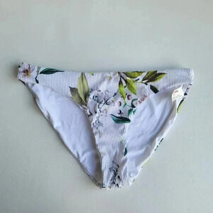 NWT TJ Maxx Womens White Floral Print Mid-Rise Bikini Swim Bottom Green Ribbed M